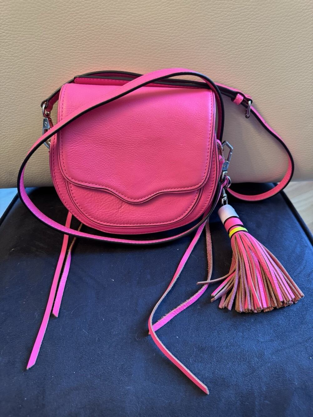 Rebecca Minkoff Mini Suki Leather Saddle Crossbody Flap Tassel Pink  7.5x6.5x2.5